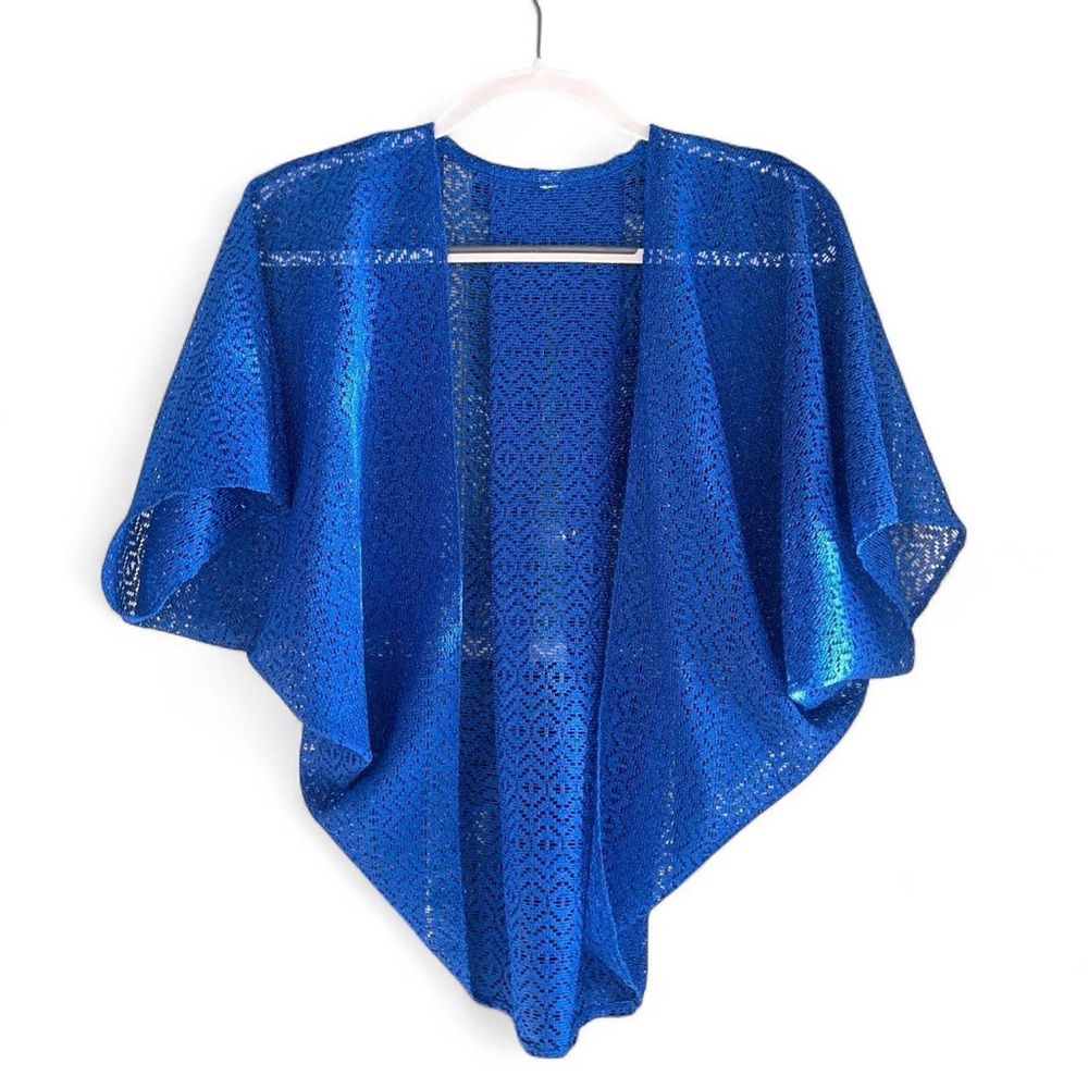 Vtg Blue Lace Crochet Shrug Shawl Bolero Dolman Sleeve Cover Up Sheik Dress ooen